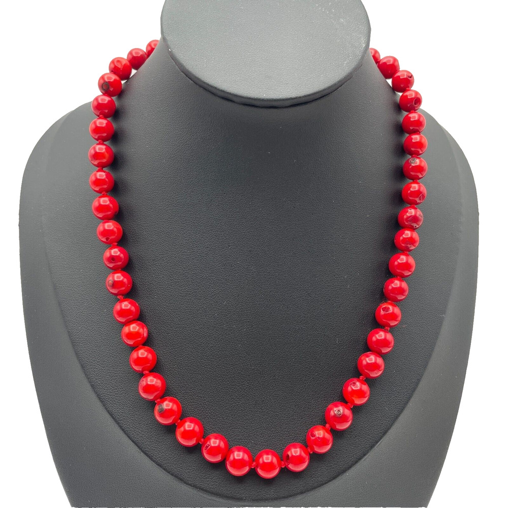 Single Strand Round Red Coral Beaded 17" Necklace 8.5-8.9mm Knotted Between Each